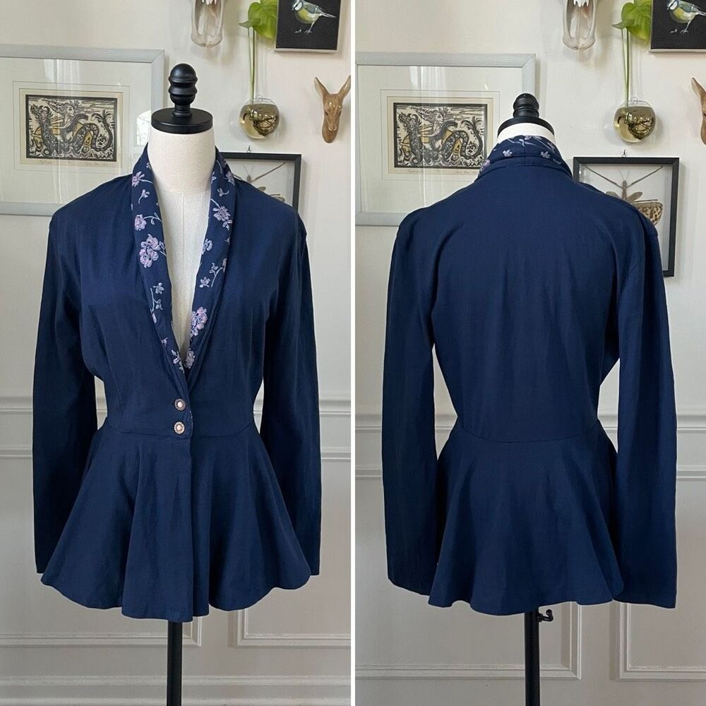Vintage 80s IN2 Peplum Cardigan Jacket Dark Blue M